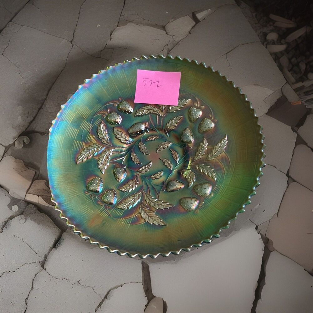 Northwood Strawberry Carnival Glass Bowl Green Stippled Pie Crust Edge [As is]